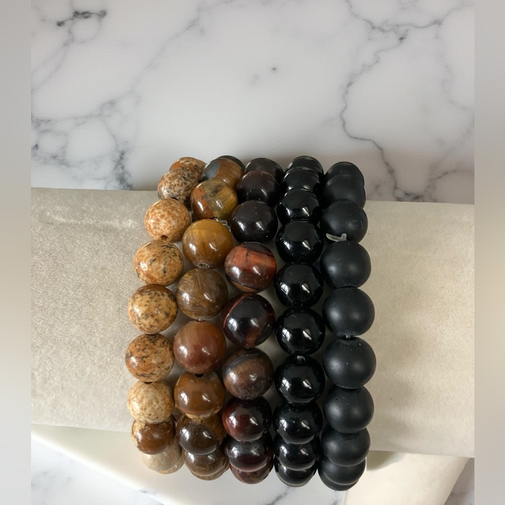 Set 5 Bohemian Beaded Bracelets Stackable Stretch Brown Black Tan New W/Out Tag